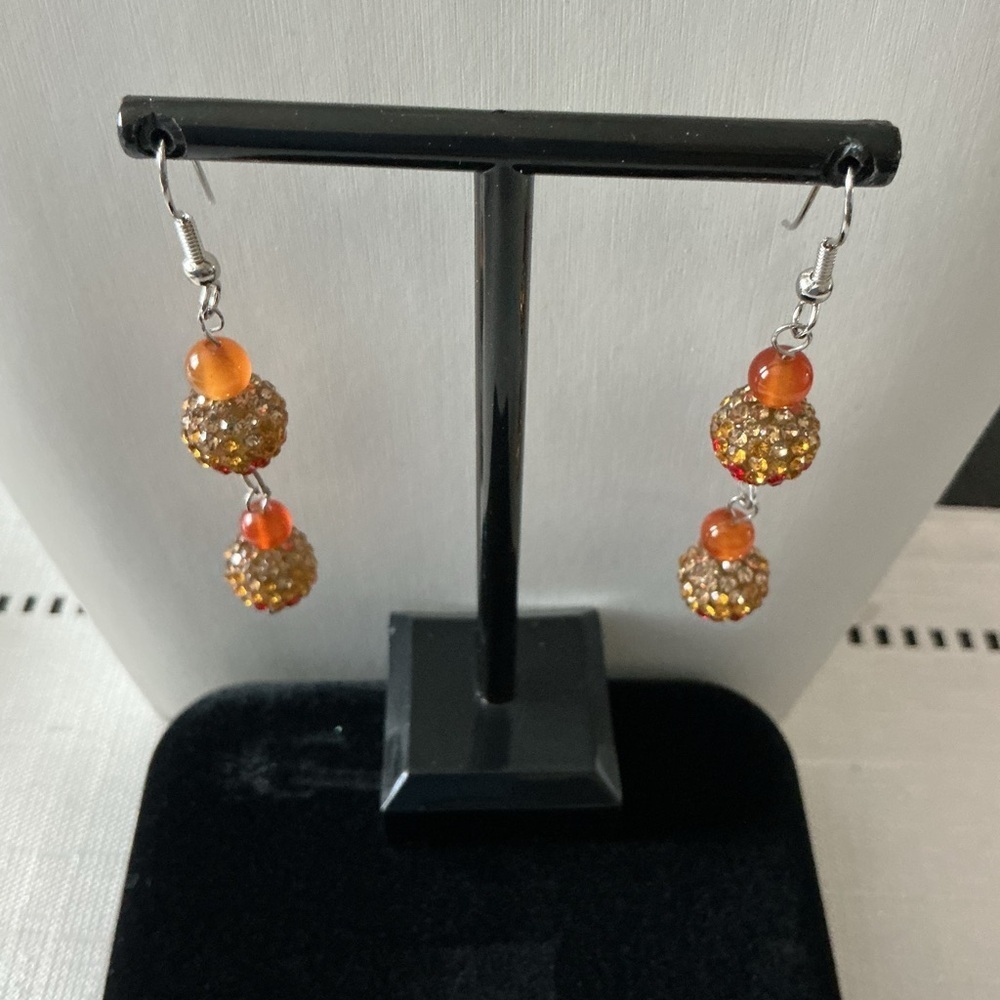 Red & Amber Rhinestone Silver Tone Drop Earrings